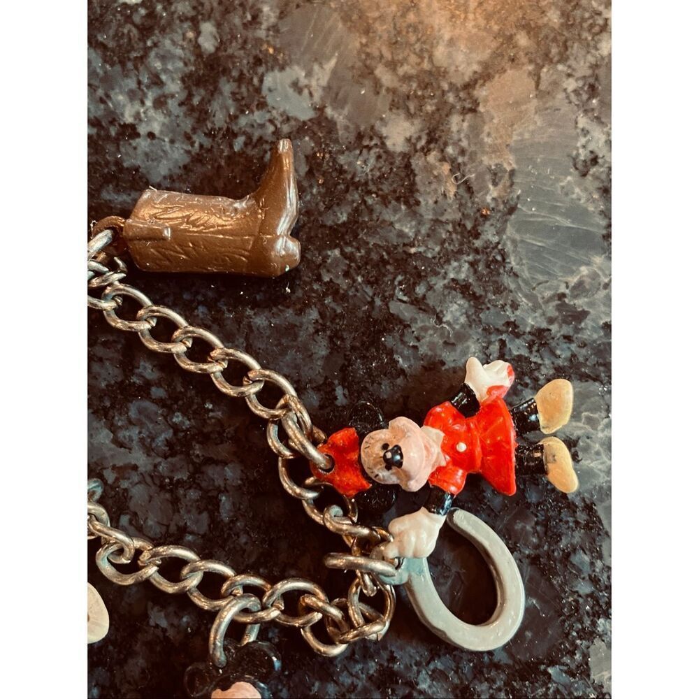 Vintage 1980s Disney Charm Gold Bracelet Mickey Mouse Minnie Cowboy - Picture 3 of 6